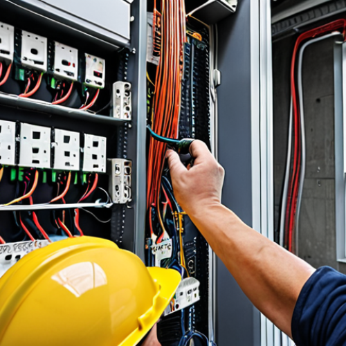 Home 11 **
> Construction site with electricians installing wiring and equipment in a modern building. Focus on the complexity of the electrical systems and the importance of proper installation.
**
