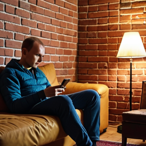 Home 6 **"A cozy Russian apartment interior. A person sits on a couch, using a smartphone. Brick walls are visible. Focus on the warm, dim light from a nearby lamp. The goal is to show how Wi-Fi signals can be weak in older buildings despite good radio signal penetration, referencing the user's experience in an old brick house."**