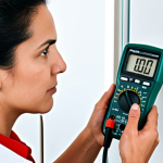 A professional adult individual, fully clothed in modest, appropriate attire, using a digital multimeter to check the voltage of a wall outlet in a brightly lit, modern kitchen. The refrigerator is visible in the background. The individual's expression is focused and calm, embodying problem-solving and self-reliance. Perfect anatomy, natural pose, well-formed hands with proper finger count, natural body proportions. The multimeter's display is clearly visible with a reading. Professional photography, high quality, safe for work, appropriate content, family-friendly.