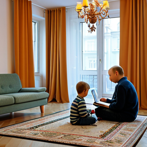 A Quiet Evening at Home**

"A cozy living room in a typical Russian apartment. Soft lighting, a plush carpet, and thick curtains. A family is relaxing: a mother is reading a book, a father is working on a laptop, and a child is quietly playing with toys. The scene should convey a sense of tranquility and escape from the city noise. Add details such as potted plants and warm-toned furniture. Safe for work, appropriate content, fully clothed, modest, family-friendly, perfect anatomy, natural proportions, professional photography, high quality."

**