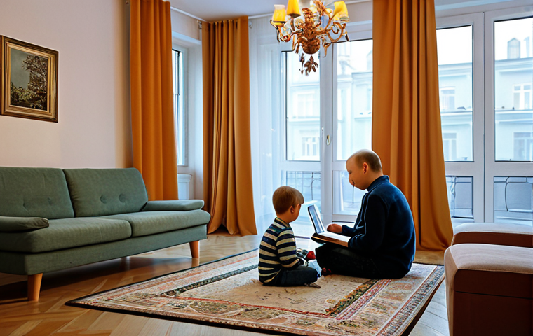 A Quiet Evening at Home**
"A cozy living room in a typical Russian apartment. Soft lighting, a plush carpet, and thick curtains. A family is relaxing: a mother is reading a book, a father is working on a laptop, and a child is quietly playing with toys. The scene should convey a sense of tranquility and escape from the city noise. Add details such as potted plants and warm-toned furniture. Safe for work, appropriate content, fully clothed, modest, family-friendly, perfect anatomy, natural proportions, professional photography, high quality."
**