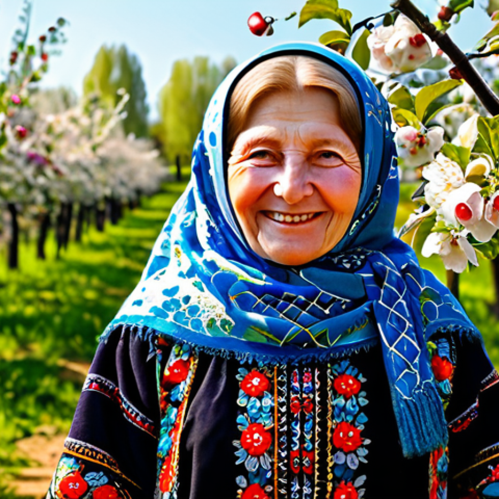 전력망의 스마트화 - **Babushka in a blooming orchard:** A kind-faced babushka, wearing a brightly patterned shawl and tr...