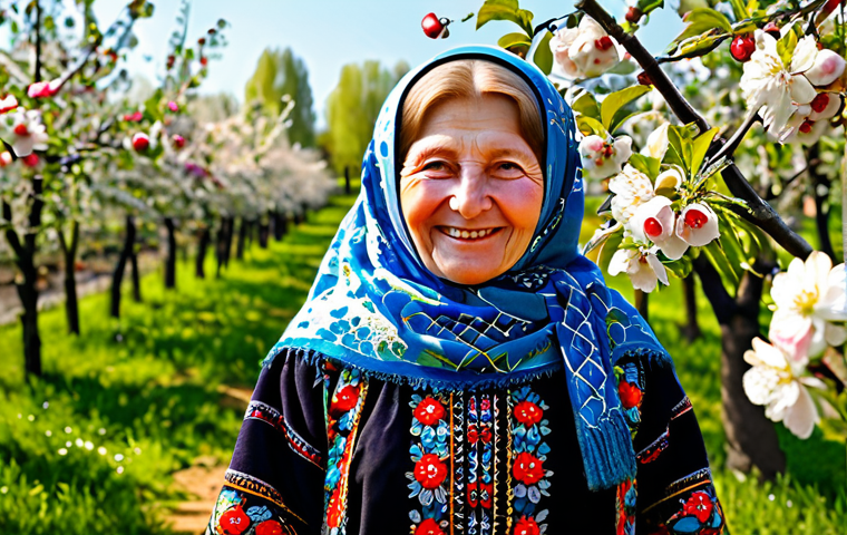 전력망의 스마트화 - **Babushka in a blooming orchard:** A kind-faced babushka, wearing a brightly patterned shawl and tr...