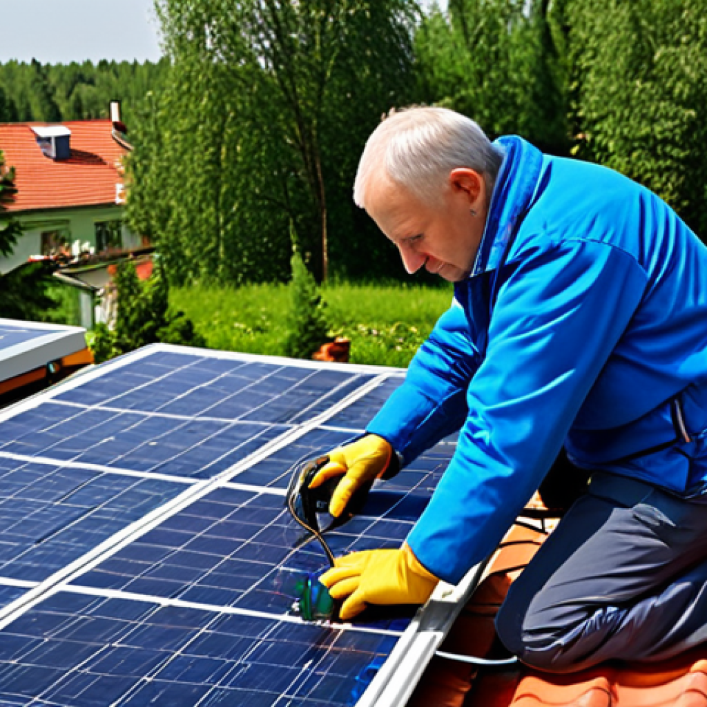 재생 가능 에너지 시스템 - Solar Panel Installation on a Dacha**
"A dacha rooftop with newly installed solar panels, showcasin...