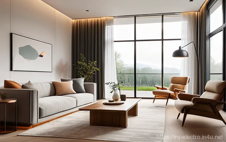 자동 제어 이론 - A serene and modern living room at dusk. On the wall, a sleek, minimalist smart thermostat softly gl...