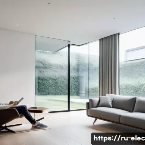 에너지 저장 기술 - A serene and modern living space, showcasing a person in their late 20s to early 30s, dressed in com...