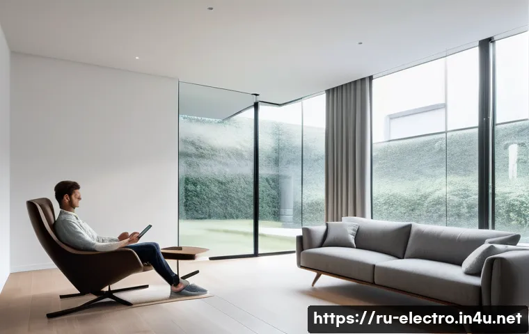 에너지 저장 기술 - A serene and modern living space, showcasing a person in their late 20s to early 30s, dressed in com...