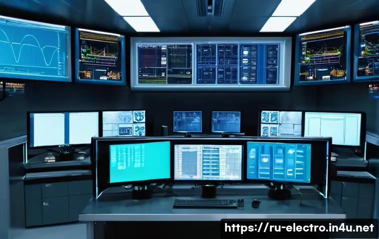 제어 시스템의 오류 분석 - A high-tech industrial control room with multiple monitors displaying real-time sensor data, automat...