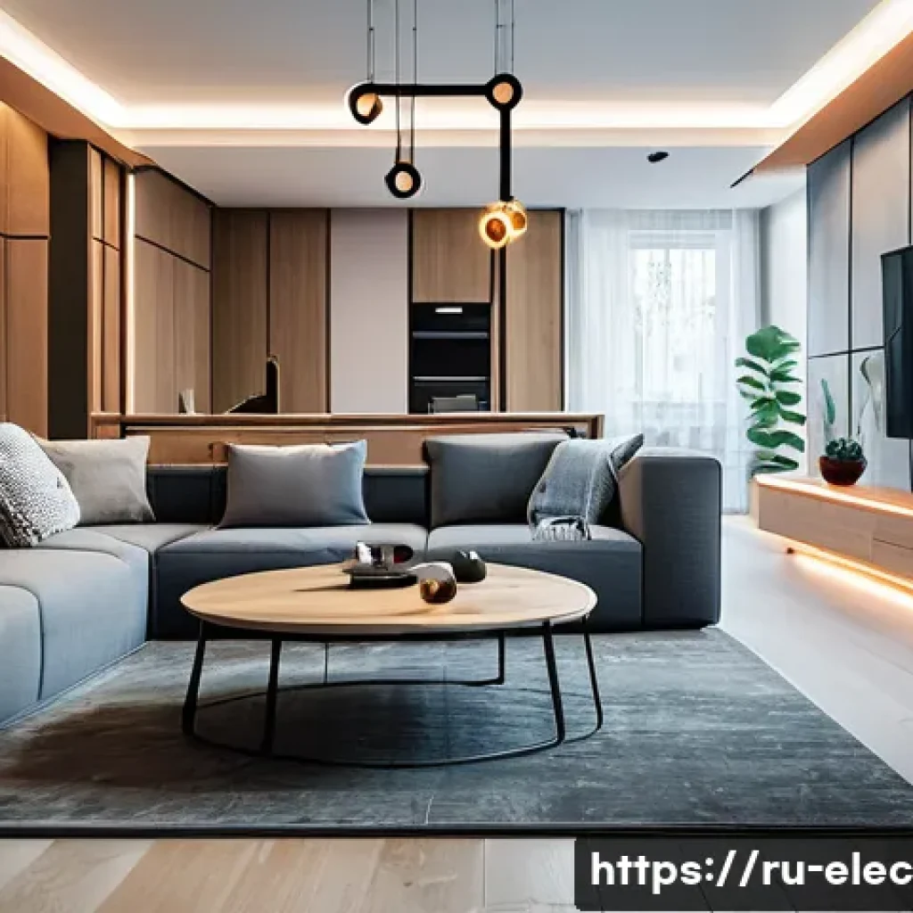 전자기파의 응용 분야 - A futuristic smart home interior in a modern Russian apartment, showcasing wireless communication de...