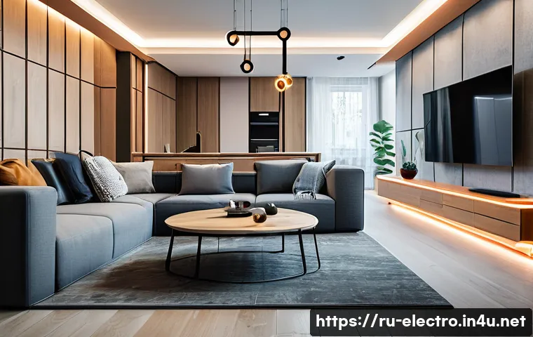 전자기파의 응용 분야 - A futuristic smart home interior in a modern Russian apartment, showcasing wireless communication de...
