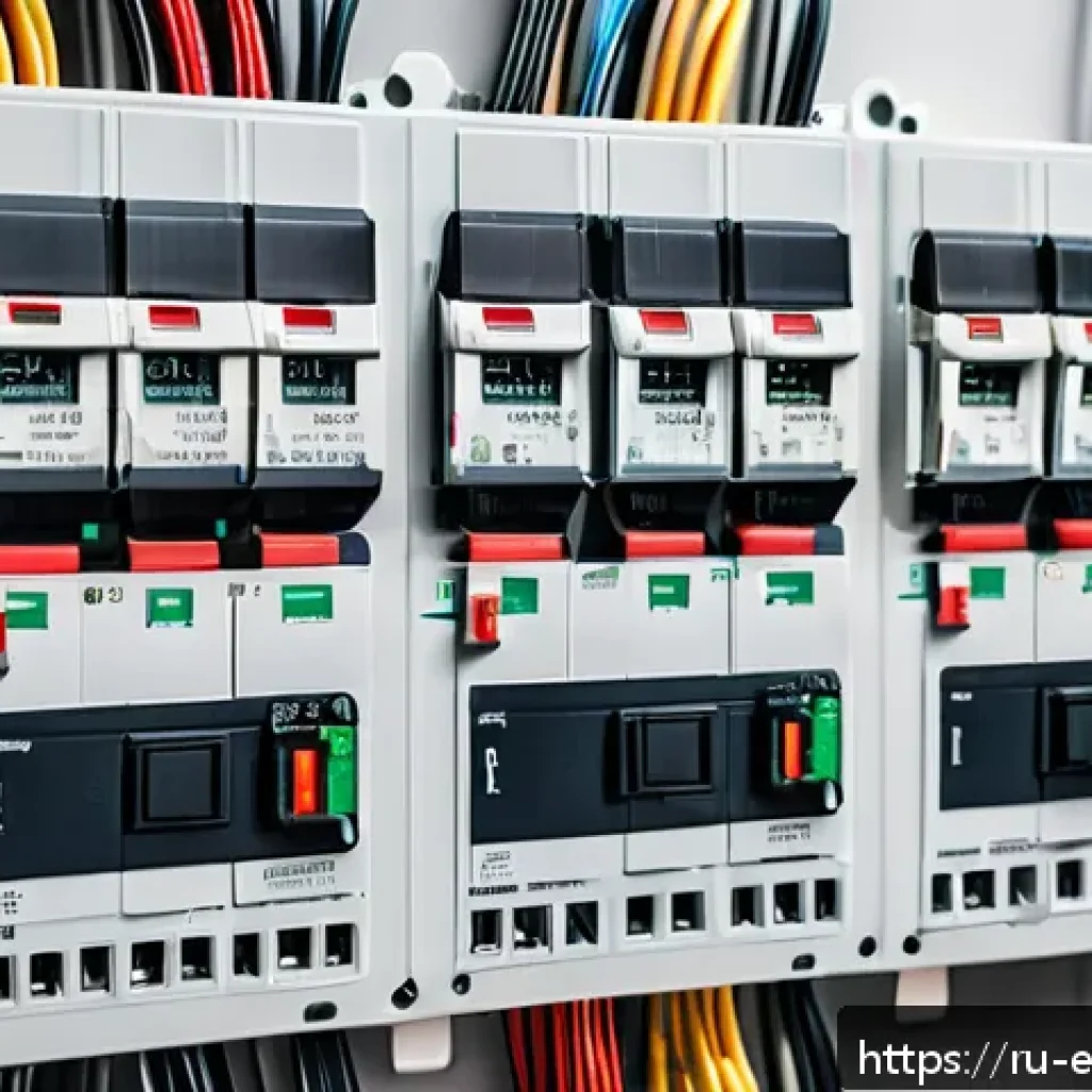 전기기기 보호 및 안전 - A modern home electrical panel showcasing advanced safety devices, including a row of labeled residu...