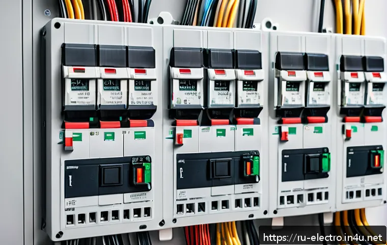 전기기기 보호 및 안전 - A modern home electrical panel showcasing advanced safety devices, including a row of labeled residu...