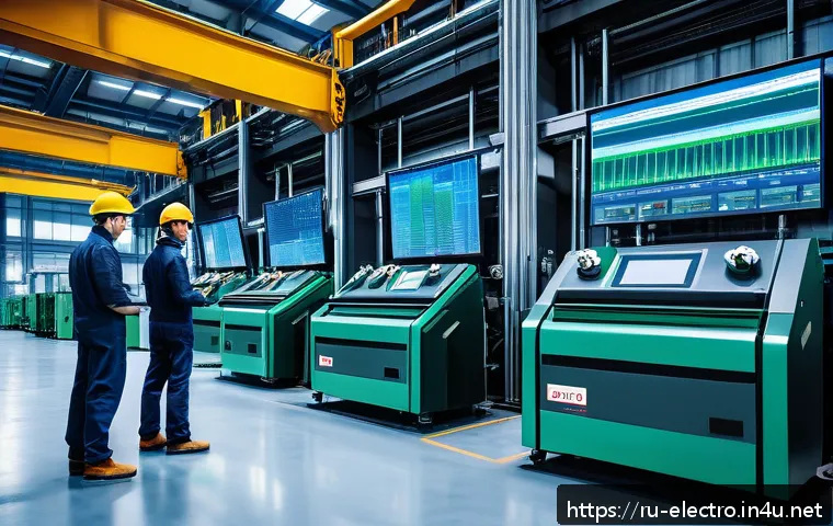 전자기학의 산업적 응용 - A high-tech industrial factory scene showcasing advanced electromagnetic process control: sleek digi...