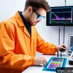 Home 23 임피던스 분석기 - A modern electronics laboratory setting with an engineer wearing protective clothing, carefully cali...