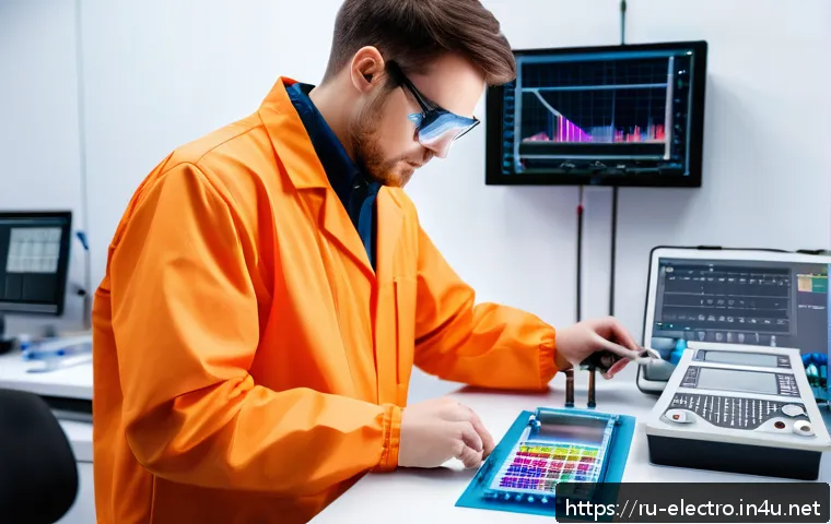 임피던스 분석기 - A modern electronics laboratory setting with an engineer wearing protective clothing, carefully cali...