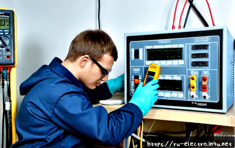 Home 17 전기 시험 장비 - Photorealistic electrical testing laboratory in Russia, a skilled technician wearing safety glasses ...