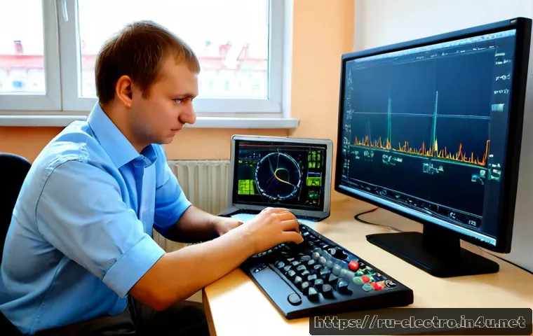 디지털 시스템 모델링 - Photorealistic Russian electronics engineer modeling a digital control system at a tidy modern works...