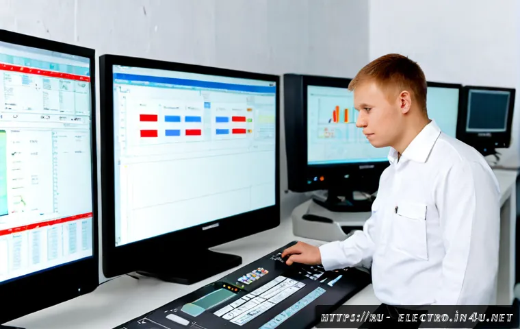 Home 17 제어 시스템의 성능 측정 - Photorealistic industrial automation engineer in a modern Russian manufacturing plant, examining a c...