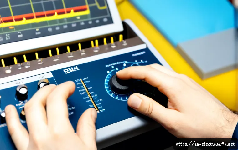 Home 17 디지털 신호 변환 - Photorealistic close-up of a modern electronics workbench showing an analog audio waveform entering ...
